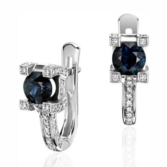 Серьги из белого золота 750 пробы с сапфирами и бриллиантами 01С674075-2 Серьги из белого золота 750 пробы с сапфирами и бриллиантами 01С674075-2