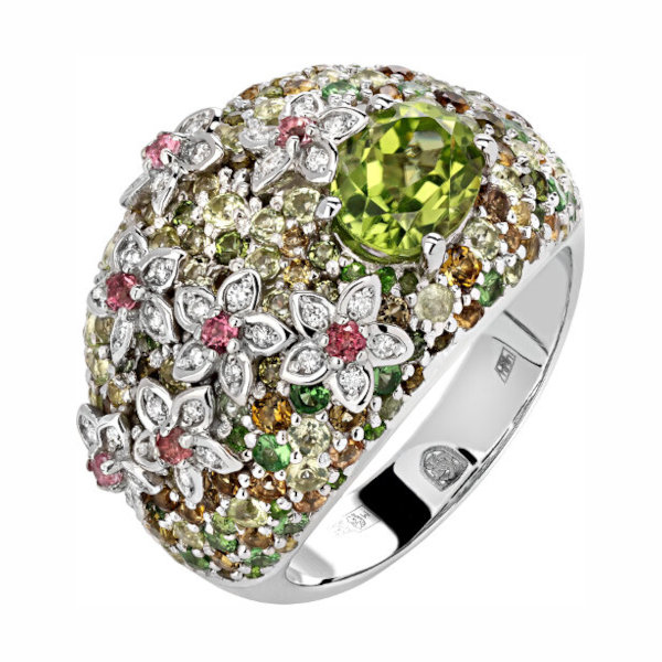 Кольцо из белого золота 585 пробы с хромдиопсидами, хризолитами, турмалинами, тсаворитами и бриллиантами 01К6213483-1