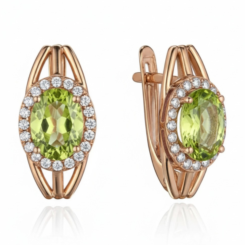 Серьги из красного золота 585 пробы с хризолитами и фианитами 01С3116527-5