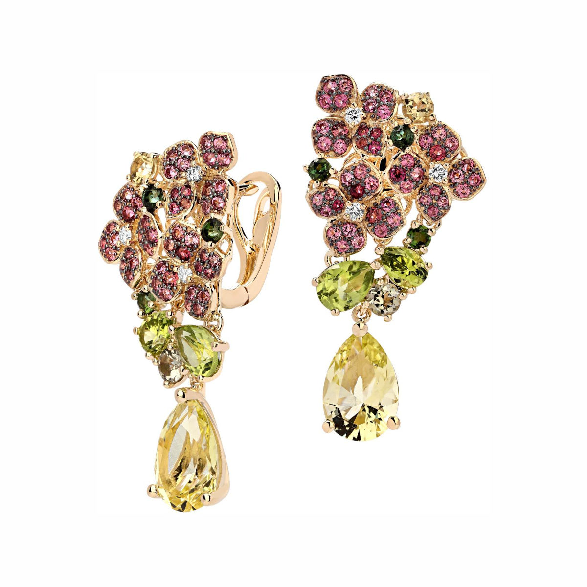 Серьги из желтого золота 585 пробы с турмалинами, хризолитами, кварцем и бриллиантами 01С6313501-2