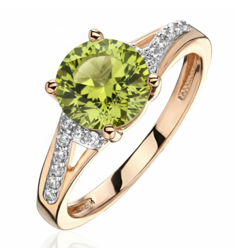 Кольцо из красного золота 585 пробы с хризолитом и фианитами 01К3116467Р-5