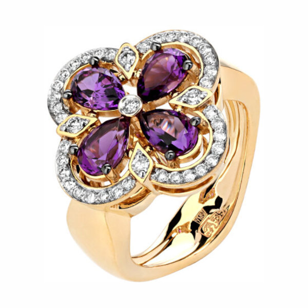 Кольцо из желтого золота 585 пробы с аметистами и бриллиантами 01К6310919-4 Кольцо из желтого золота 585 пробы с аметистами и бриллиантами 01К6310919-4