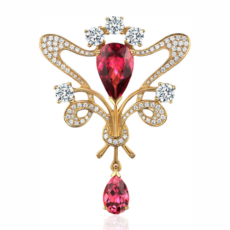 Брошь из желтого золота 750 пробы c турмалином, сапфирами, рубеллитом и бриллиантами 01Ш640231-4