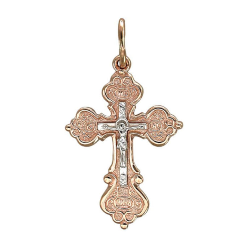 Крест нательный из двух цветов золота 585 пробы без вставок 01Р060813