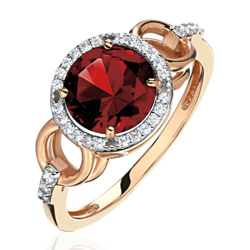 Кольцо из красного золота 585 пробы с гранатом и фианитами 01К3116435-1