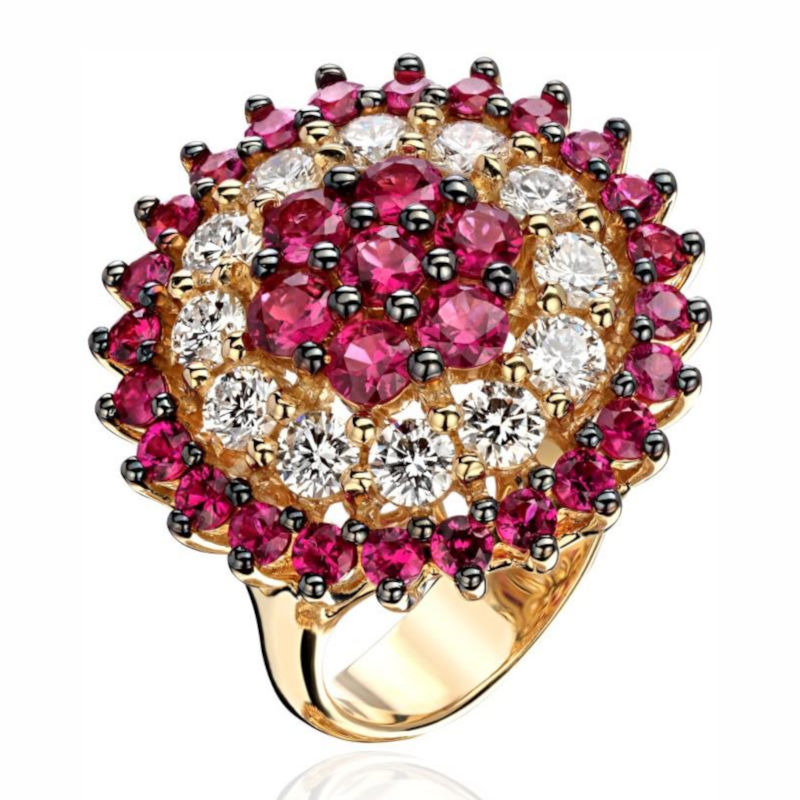 Кольцо из желтого золота 750 пробы с рубинами и бриллиантами 01К6413982-2