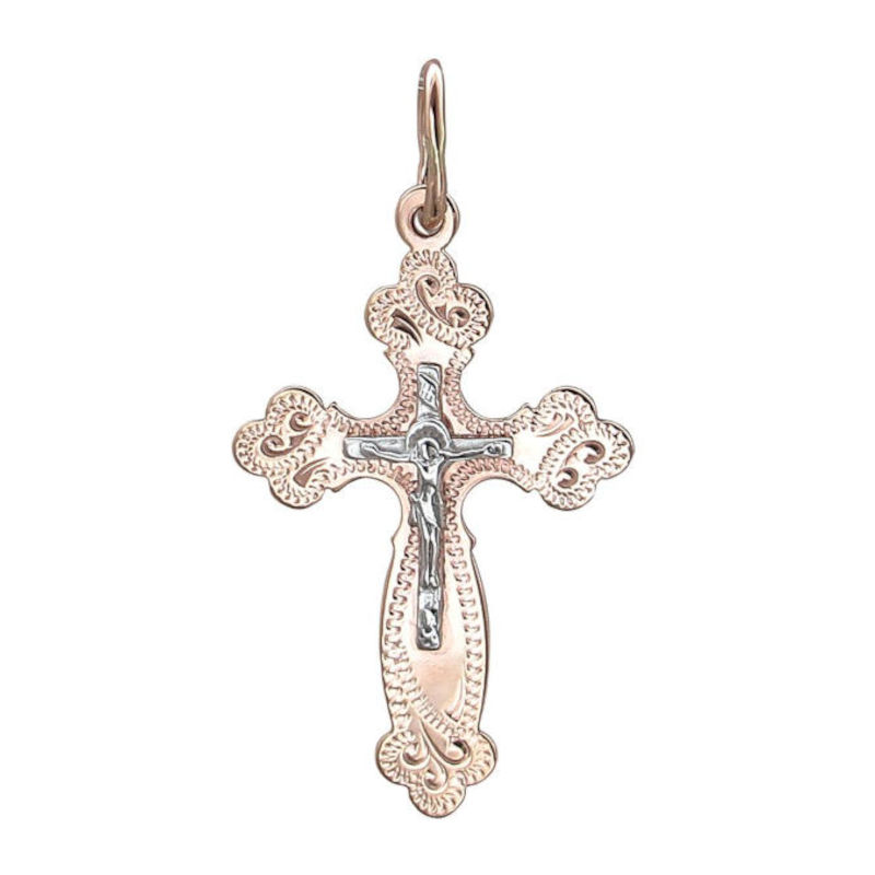 Крест нательный из двух цветов золота 585 пробы без вставок 01Р761109