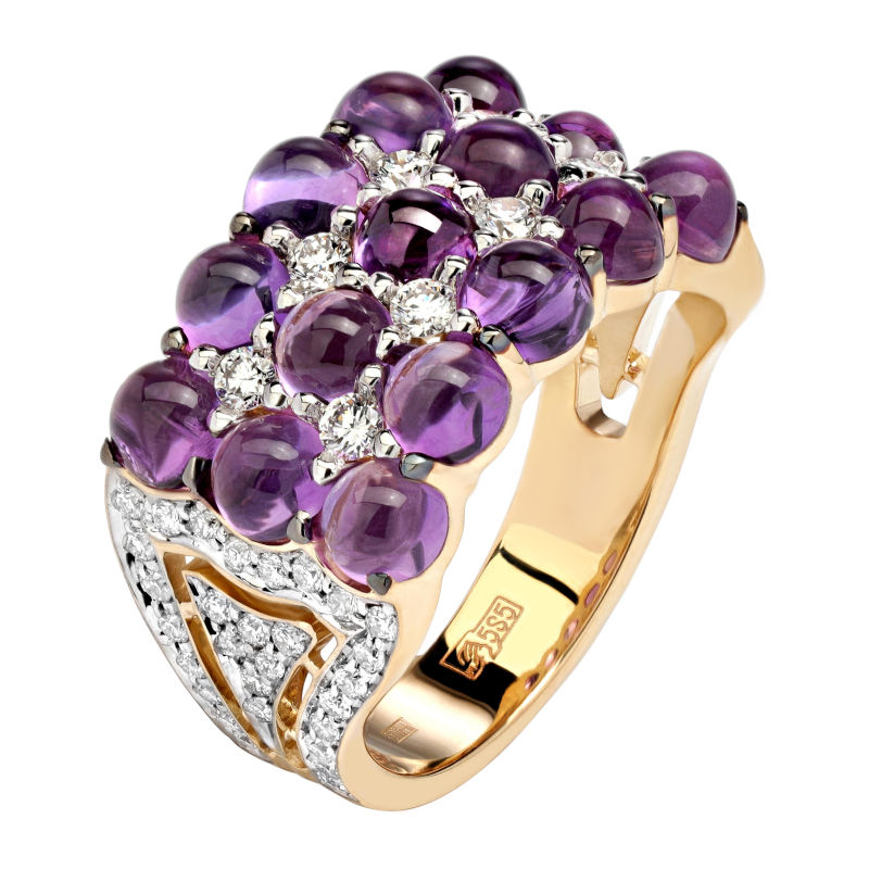 Кольцо из желтого золота 585 пробы с аметистами и бриллиантами 01К6311755-1