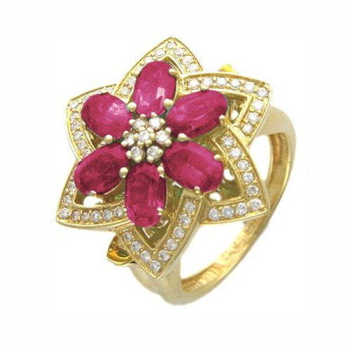 Кольцо из желтого золота 750 пробы с рубинами и бриллиантами 01К643601-2