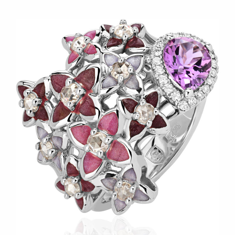 Кольцо из белого золота 585 пробы с аметистом, эмалью и бриллиантами 01К6214600Э-1