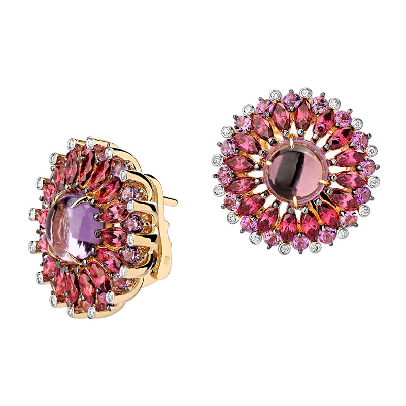 Серьги из желтого золота 585 пробы с турмалинами, родолитами, аметистами и бриллиантами 01С6311220-1 Серьги из желтого золота 585 пробы с турмалинами, родолитами, аметистами и бриллиантами 01С6311220-1