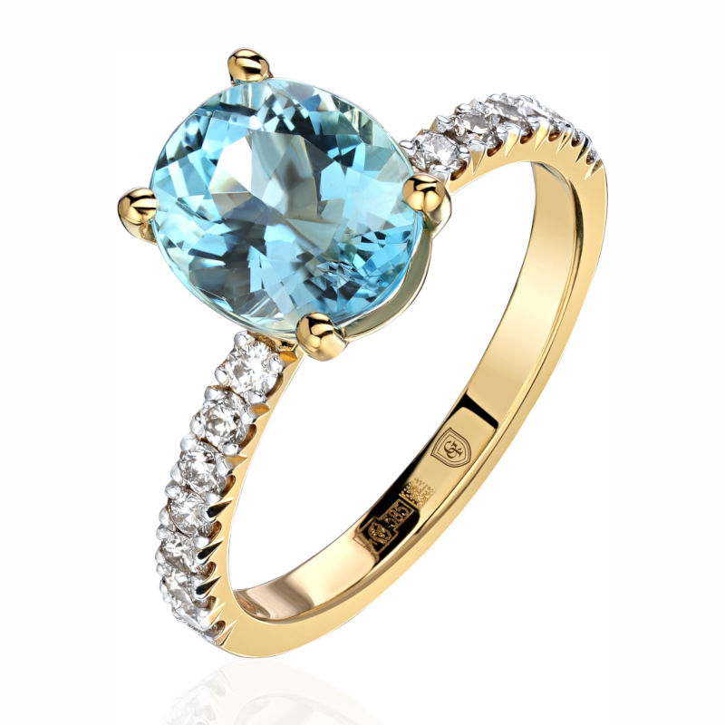 Кольцо из желтого золота 585 пробы с аквамарином и бриллиантами 01К6314849-1