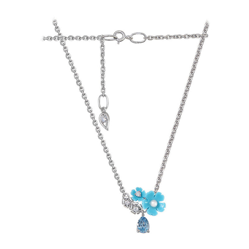 Колье из серебра 925 пробы с фианитами, шпинелью, имитацией бирюзы и жемчугом 01Л351546-1