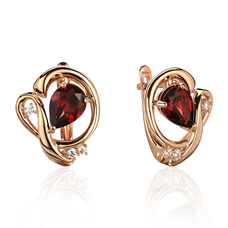 Серьги из красного золота 585 пробы с гранатами и фианитами 01С3115377-2