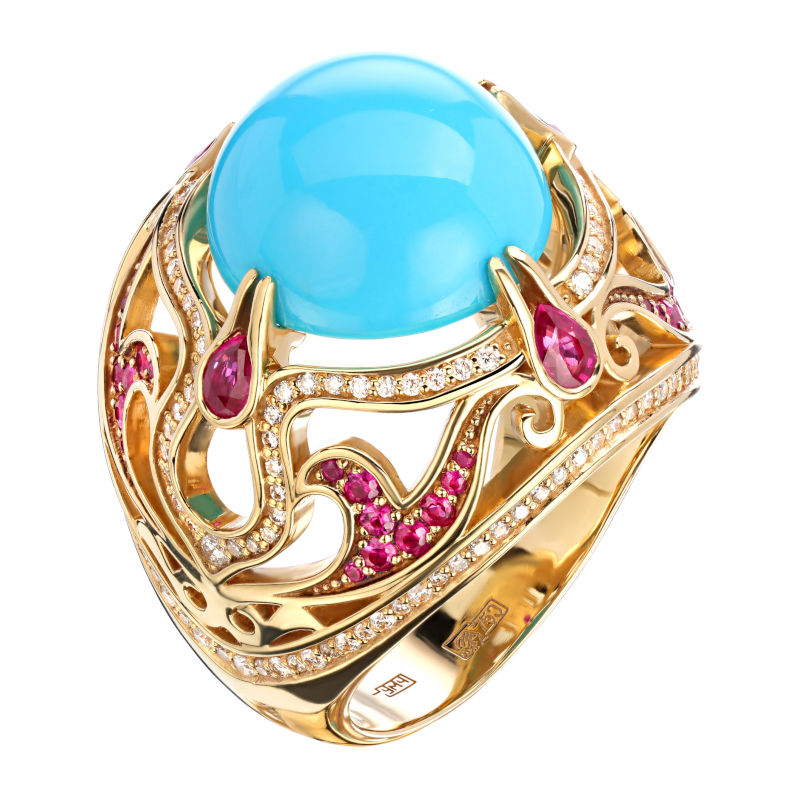 Кольцо из желтого золота 750 пробы с бриллиантами, рубинами и бирюзой 01К6411835-2 Кольцо из желтого золота 750 пробы с бриллиантами, рубинами и бирюзой 01К6411835-2