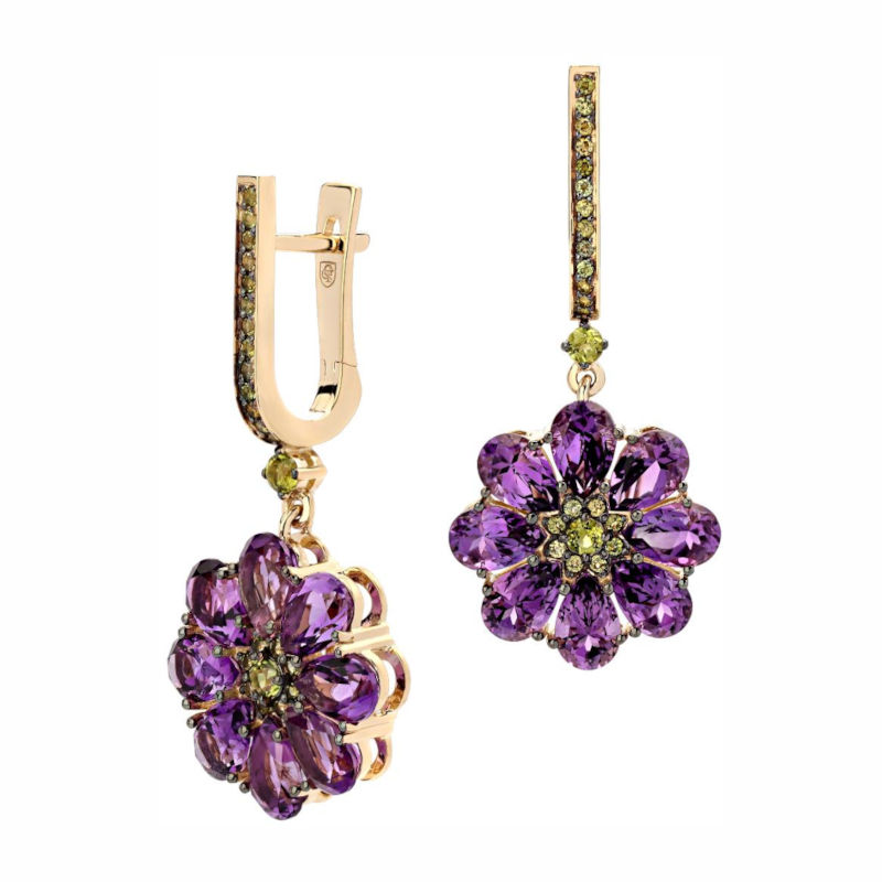 Серьги из желтого золота 585 пробы с турмалинами и аметистами 01С3313315-1