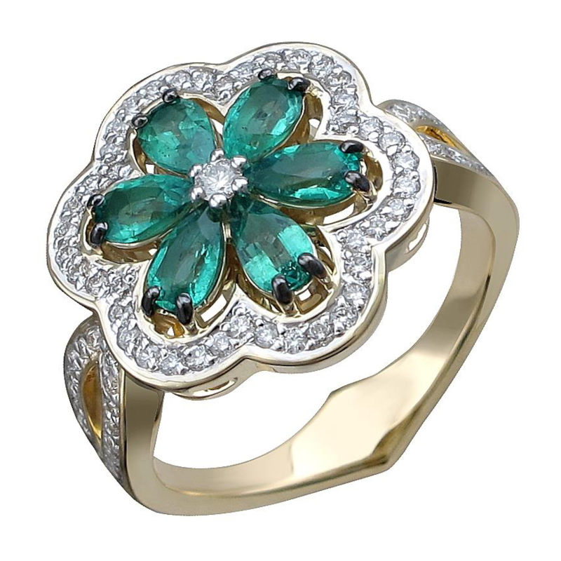 Кольцо из желтого золота 585 пробы с изумрудами и бриллиантами 01К6311017-1 Кольцо из желтого золота 585 пробы с изумрудами и бриллиантами 01К6311017-1