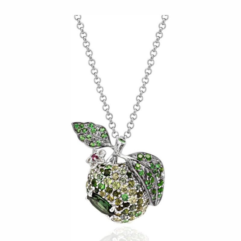 Колье из белого золота 585 пробы с хромдиопсидами, турмалинами, хризолитами, тсаворитами, рубином и бриллиантами 01Л621942-5