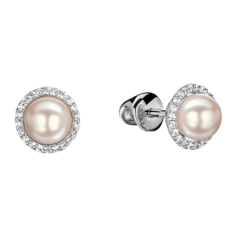 Серьги из белого золота 585 пробы с жемчугом и фианитами 01С3211541-1