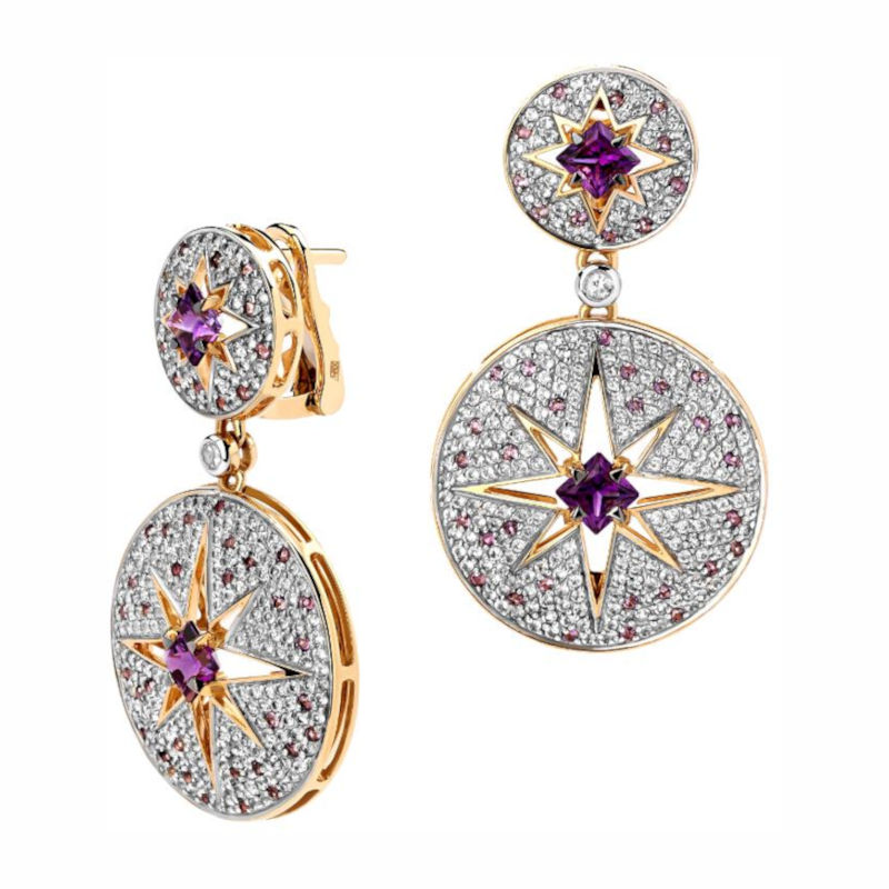 Серьги из желтого золота 585 пробы с аметистами и топазами 01С3311482-1