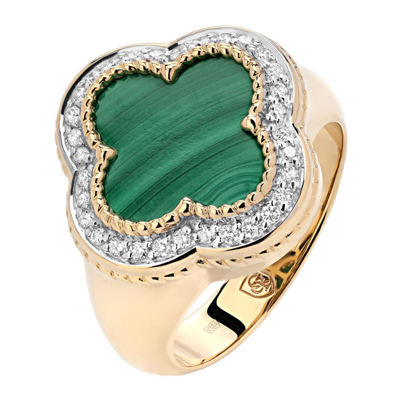 Кольцо из желтого золота 585 пробы с малахитом и бриллиантами 01К6313313-1