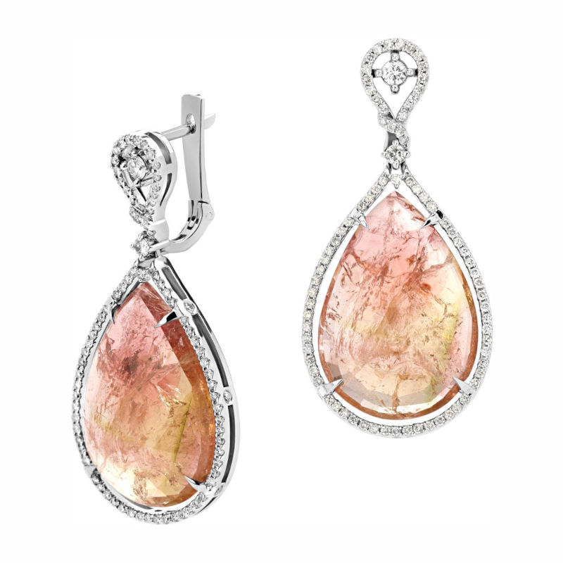 Серьги из белого золота 585 пробы с турмалинами и бриллиантами 01С626679-1 Серьги из белого золота 585 пробы с турмалинами и бриллиантами 01С626679-1