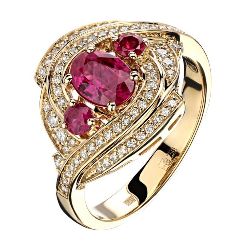 Кольцо из желтого золота 750 пробы с рубинами и бриллиантами 01К6415094-1