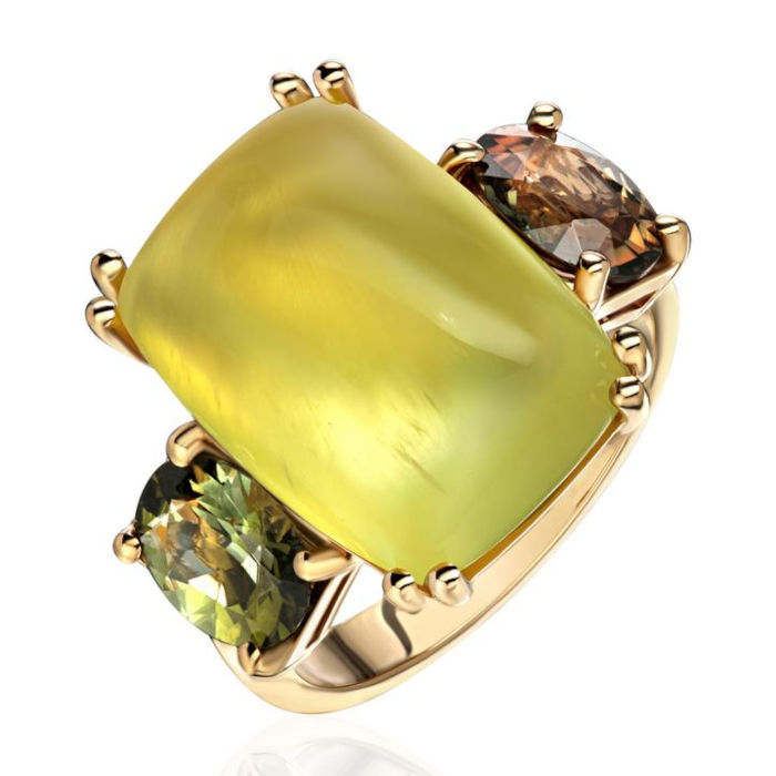 Кольцо из желтого золота 750 пробы с пренитом и турмалинами 01К3415860-3