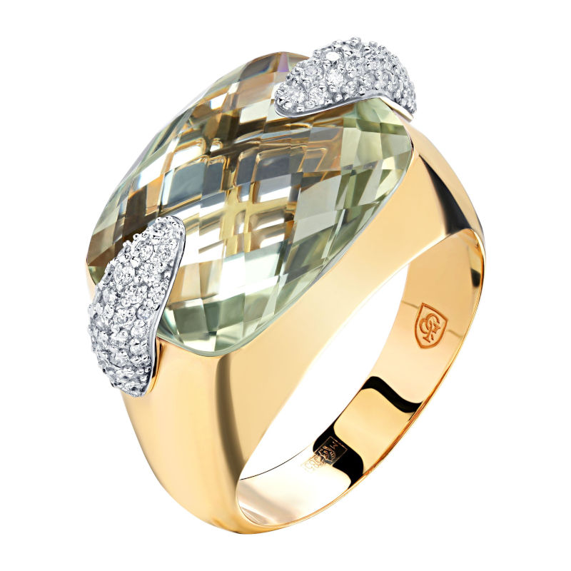 Кольцо из комбинированного золота 585 пробы с празиолитом и бриллиантами 01К6614102Ж-2
