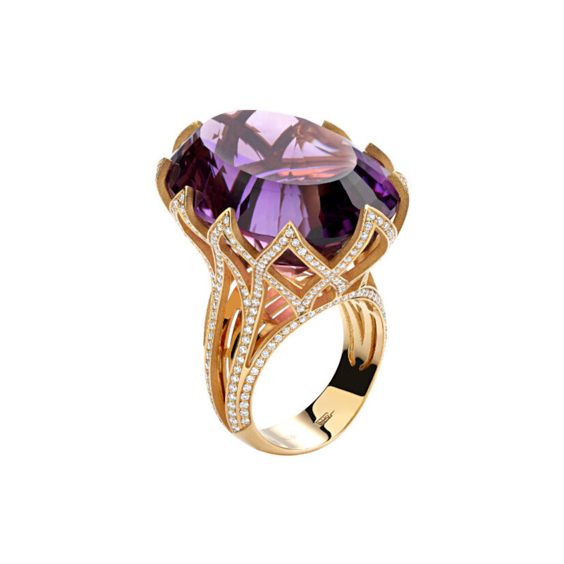 Кольцо из желтого золота 750 пробы с аметистом и бриллиантами 01К646683-1 Кольцо из желтого золота 750 пробы с аметистом и бриллиантами 01К646683-1
