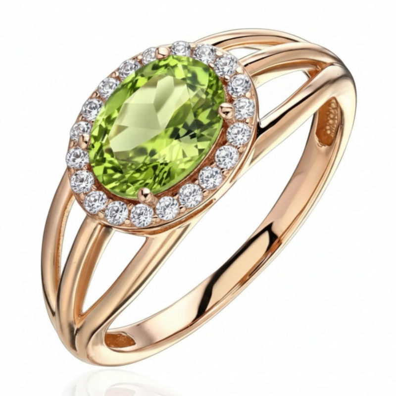 Кольцо из красного золота 585 пробы с хризолитом и фианитами 01К3116527-5