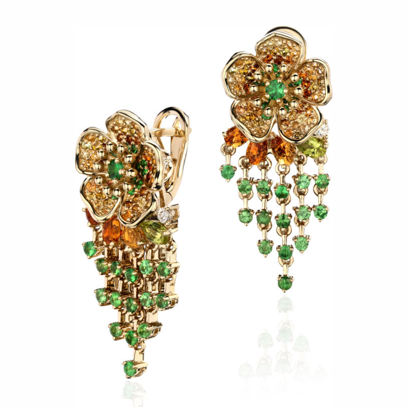 Серьги из желтого золота 585 пробы с турмалинами, хризолитами, цитринами, тсаворитами и бриллиантами 01С6313476-2