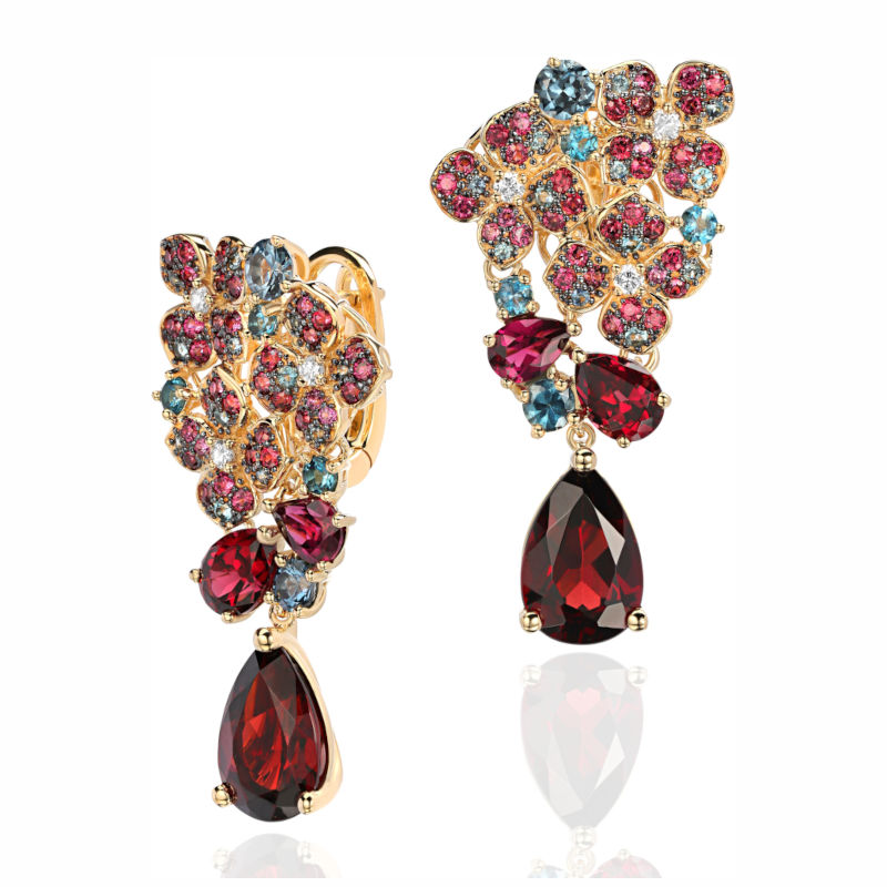 Серьги из желтого золота 585 пробы с топазами, шпинелью, сапфирами, гранатами, родолитами и бриллиантами 01С6313501-4