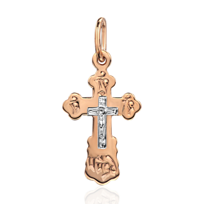 Крест нательный из комбинированного золота 585 пробы без вставок 01Р760665