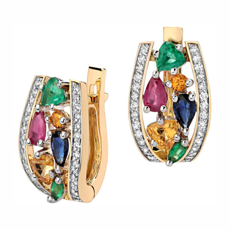 Серьги из комбинированного золота 750 пробы с сапфирами, изумрудами, рубинами и бриллиантами 01С682902-3 Серьги из комбинированного золота 750 пробы с сапфирами, изумрудами, рубинами и бриллиантами 01С682902-3