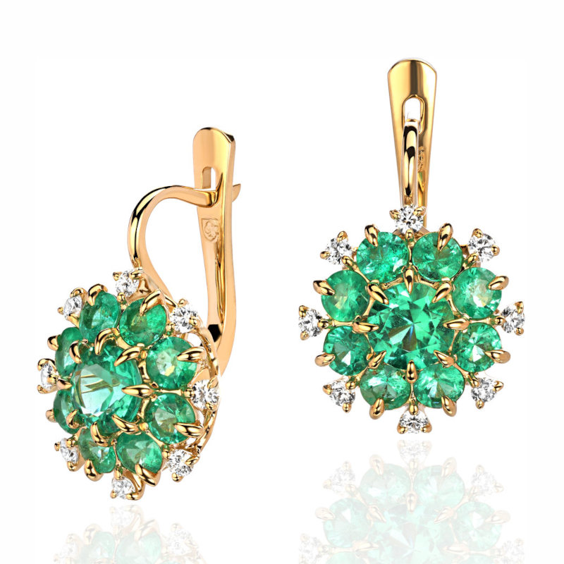 Серьги из желтого золота 750 пробы с изумрудами и бриллиантами 01С647693-4