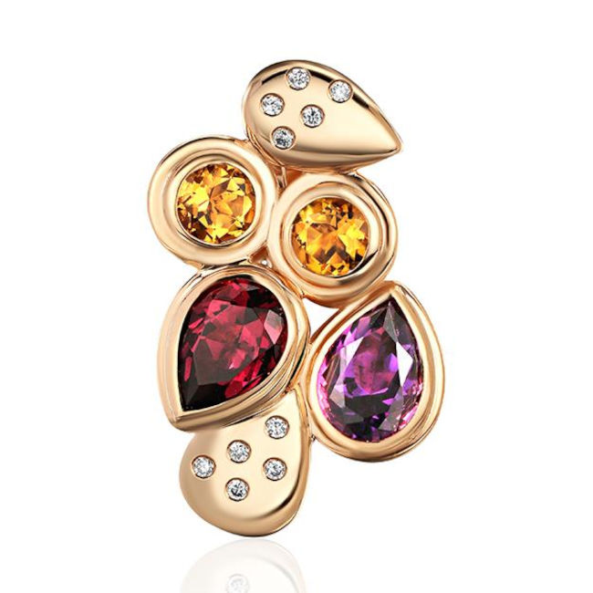 Подвеска из красного золота 585 пробы с родолитом, цитринами, аметистом и бриллиантами 01П6116545-1