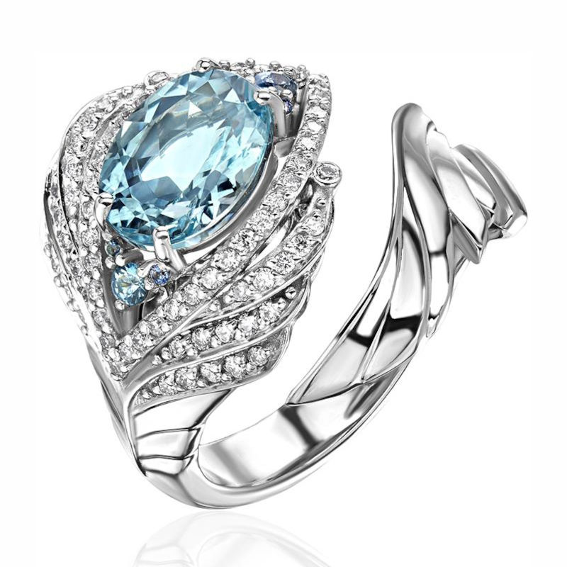 Кольцо из белого золота 585 пробы с аквамарином, сапфирами и бриллиантами 01К6216250-1