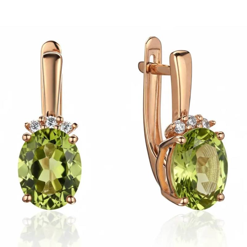 Серьги из красного золота 585 пробы с хризолитами и фианитами 01С3116570-6