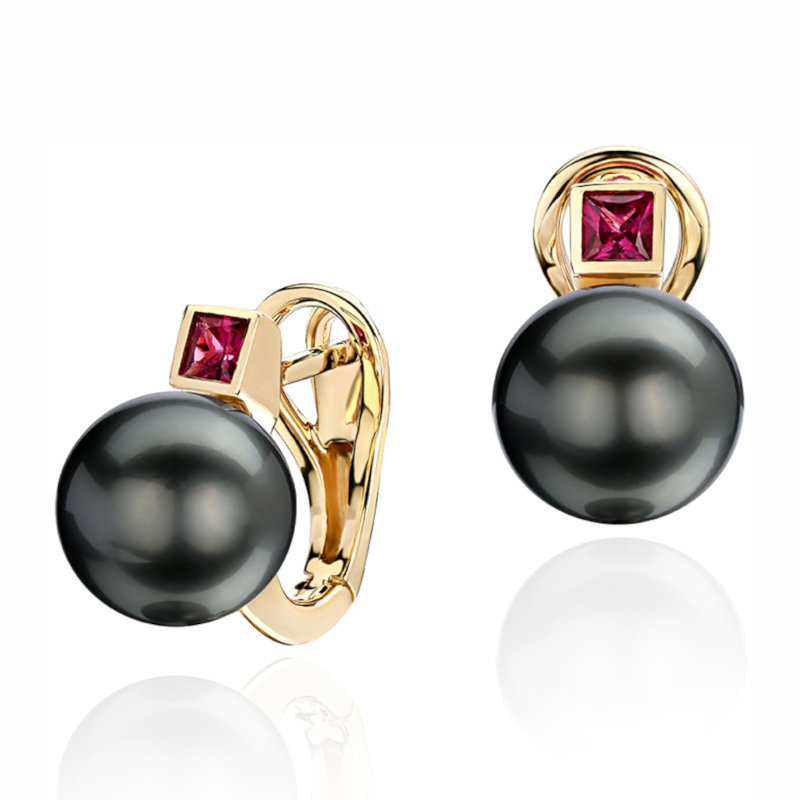 Серьги из желтого золота 585 пробы с рубинами и жемчугом 01С5312363-2