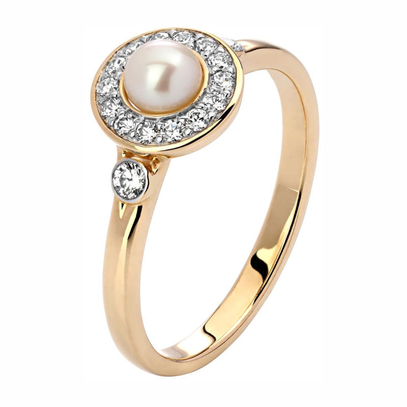 Кольцо из красного золота 585 пробы с фианитами и жемчугом 01К3311541-1