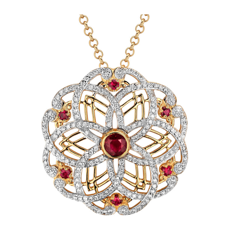 Колье из желтого золота 750 пробы с рубинами и бриллиантами 01Л642060-1