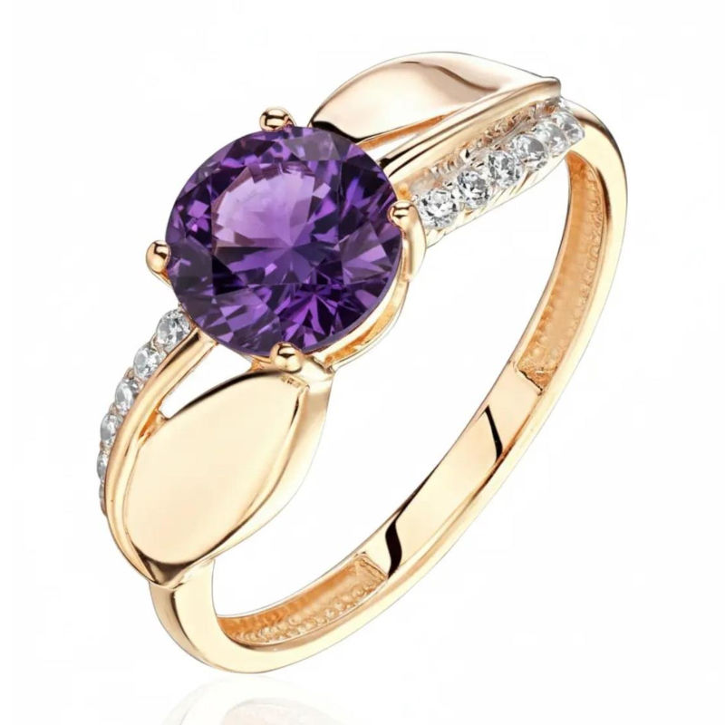 Кольцо из красного золота 585 пробы с аметистом и фианитами 01К3116423Р-3