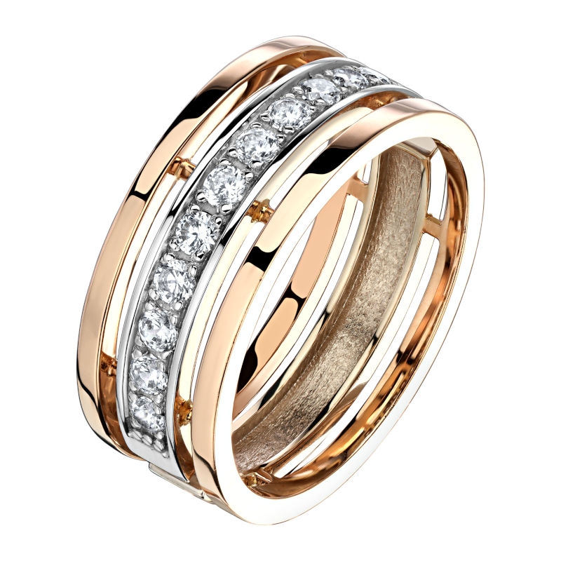 Обручальное кольцо из комбинированного золота 585 пробы с фианитами 01О160301