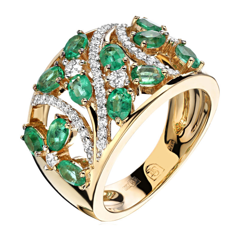 Кольцо из желтого золота 750 пробы с изумрудами и бриллиантами 01К643348-1 Кольцо из желтого золота 750 пробы с изумрудами и бриллиантами 01К643348-1