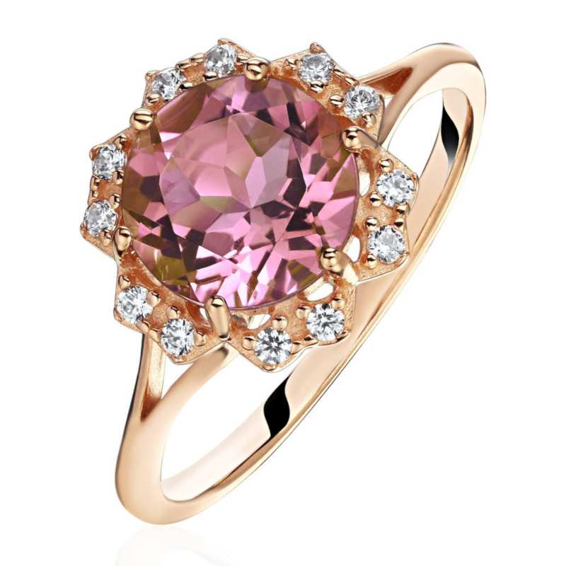 Кольцо из красного золота 585 пробы с наноситал морганитом и фианитами 01К2116436-1