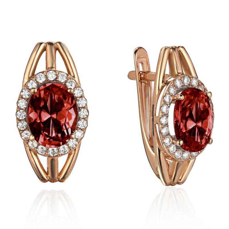 Серьги из красного золота 585 пробы с фианитами и гранатами 01С3115427-2