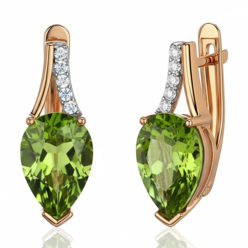 Серьги из красного золота 585 пробы с хризолитами и фианитами 01С3116565Р-5