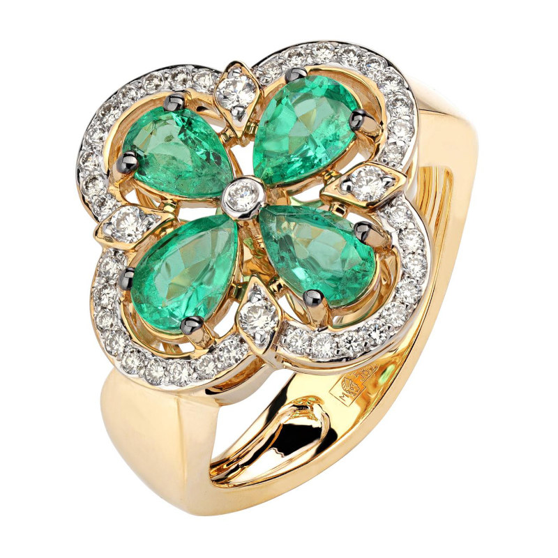 Кольцо из желтого золота 585 пробы с изумрудами и бриллиантами 01К6310919-2