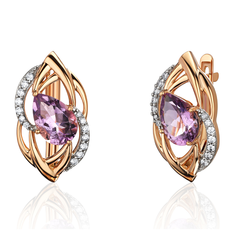 Серьги из красного золота 585 пробы с аметистом и фианитами 01С3115365Р-1